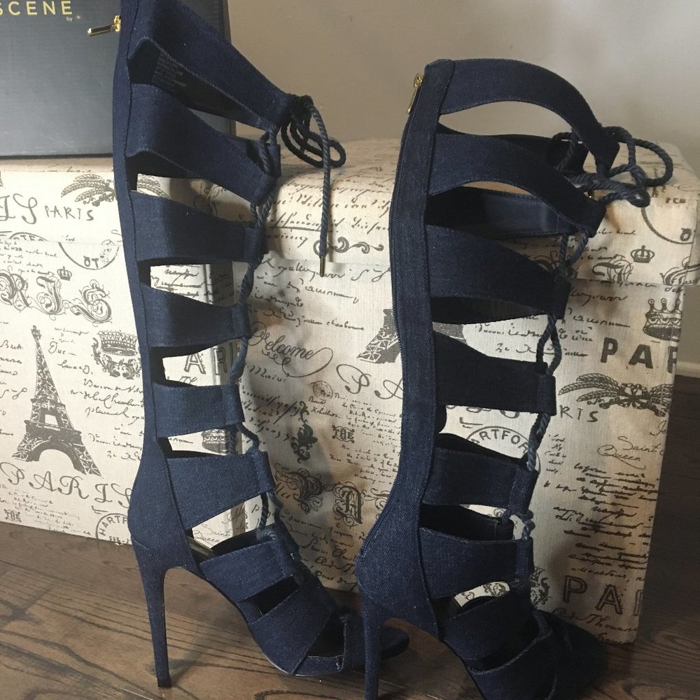 NWT Scene Denim Gladiator Heeled Boots size 7.5